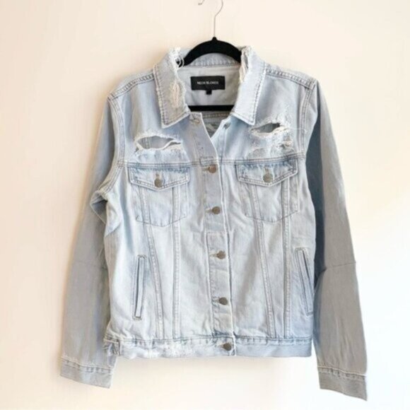 Urban Outfitters Neon Blonde Denim Jean Jacket Oversized Light Wash Distressed - Picture 2 of 16